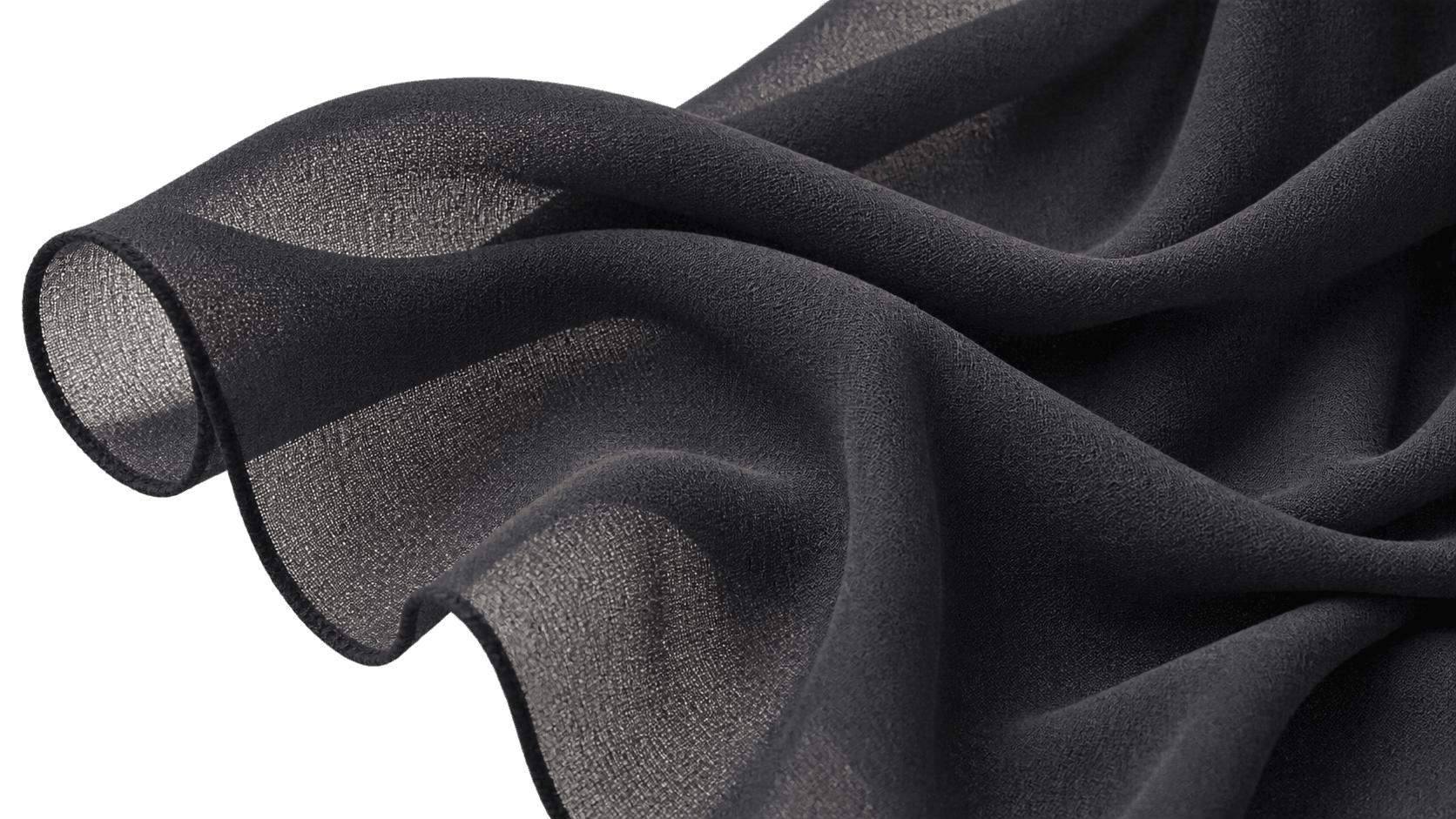 Close detail of finely woven black chiffon, the single layer translucent enough to show the individual threads