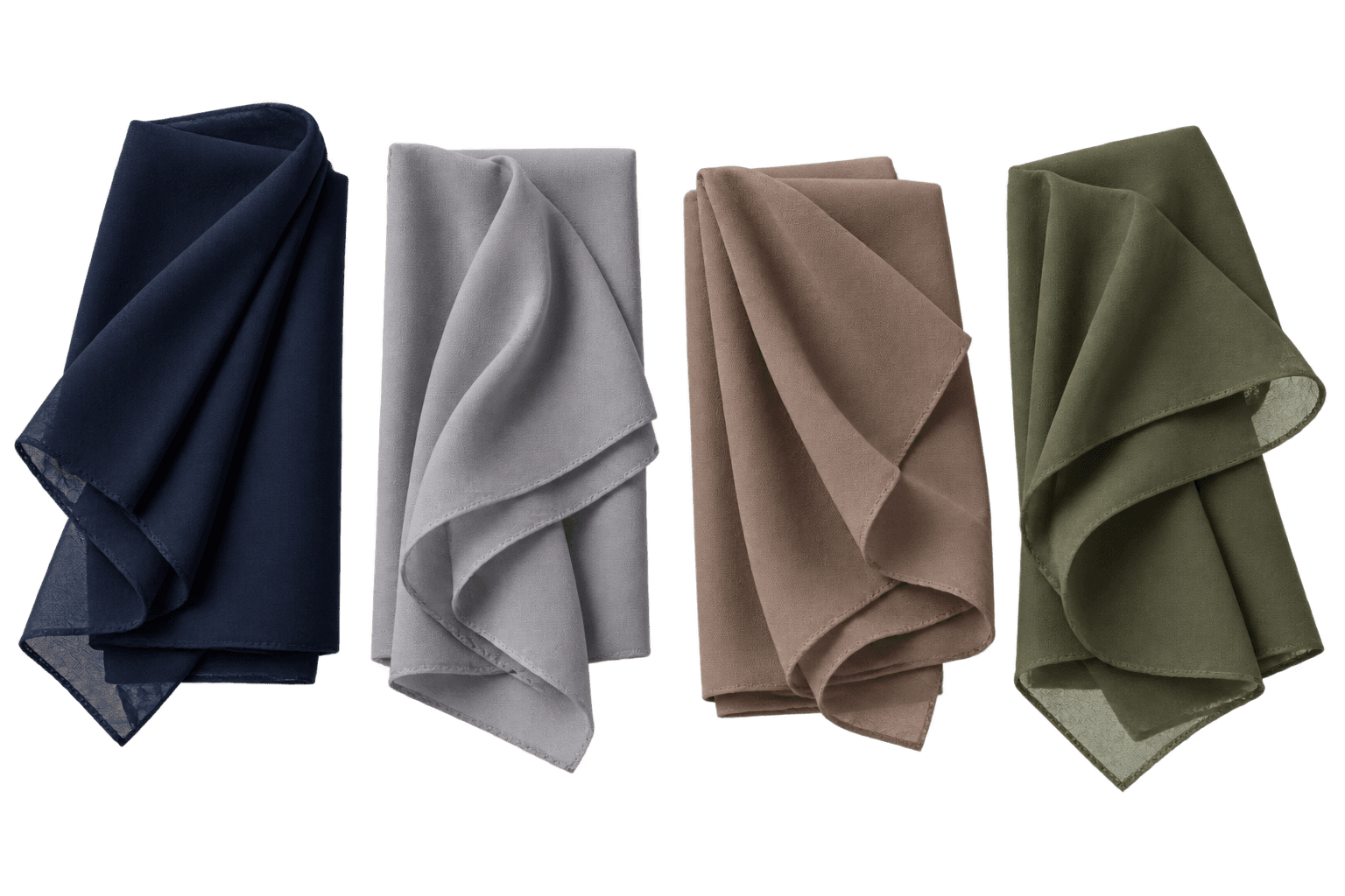 Four folded niqab cloths side by side — navy, dove grey, taupe and olive — each showing the same fine weave in a different colour.