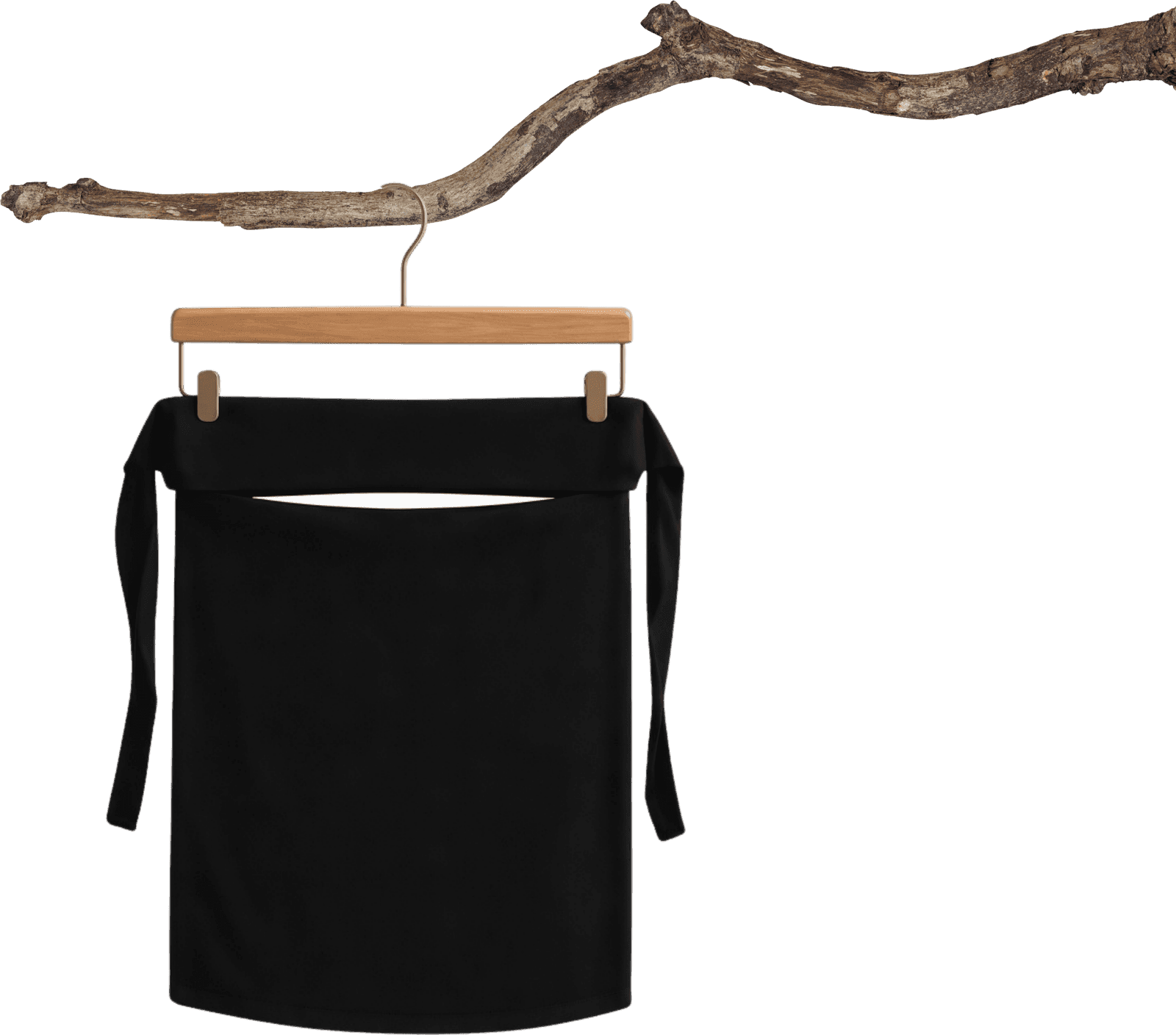 A black niqab hung by its ties from a bare tree branch, its cloth hanging loose against an empty sky.